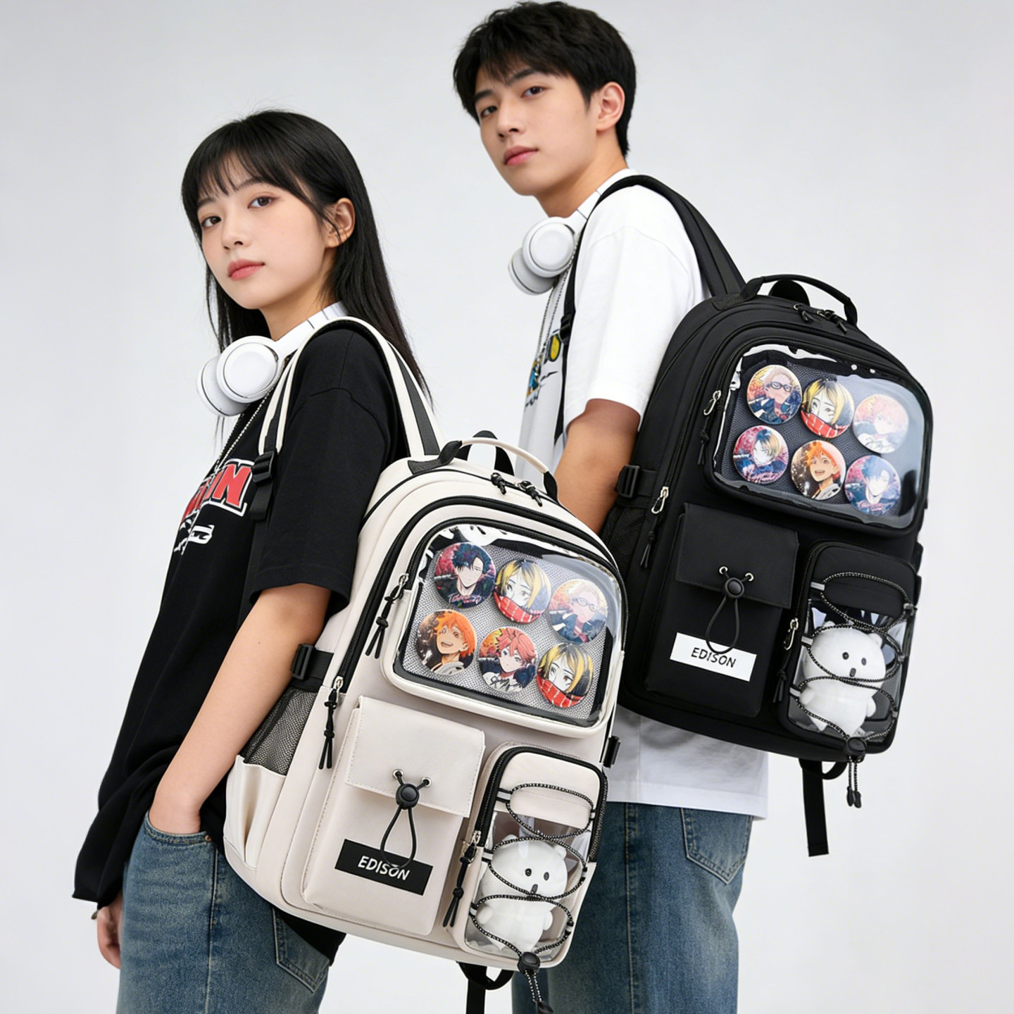 爱迪生中学生轻便护脊书包高颜值ins风双肩痛包二次元DIY吧唧谷子