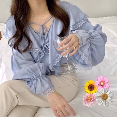 长春花蓝紫色长袖系带荷叶领雪纺衬衫女2022年春夏季新款宽松上衣