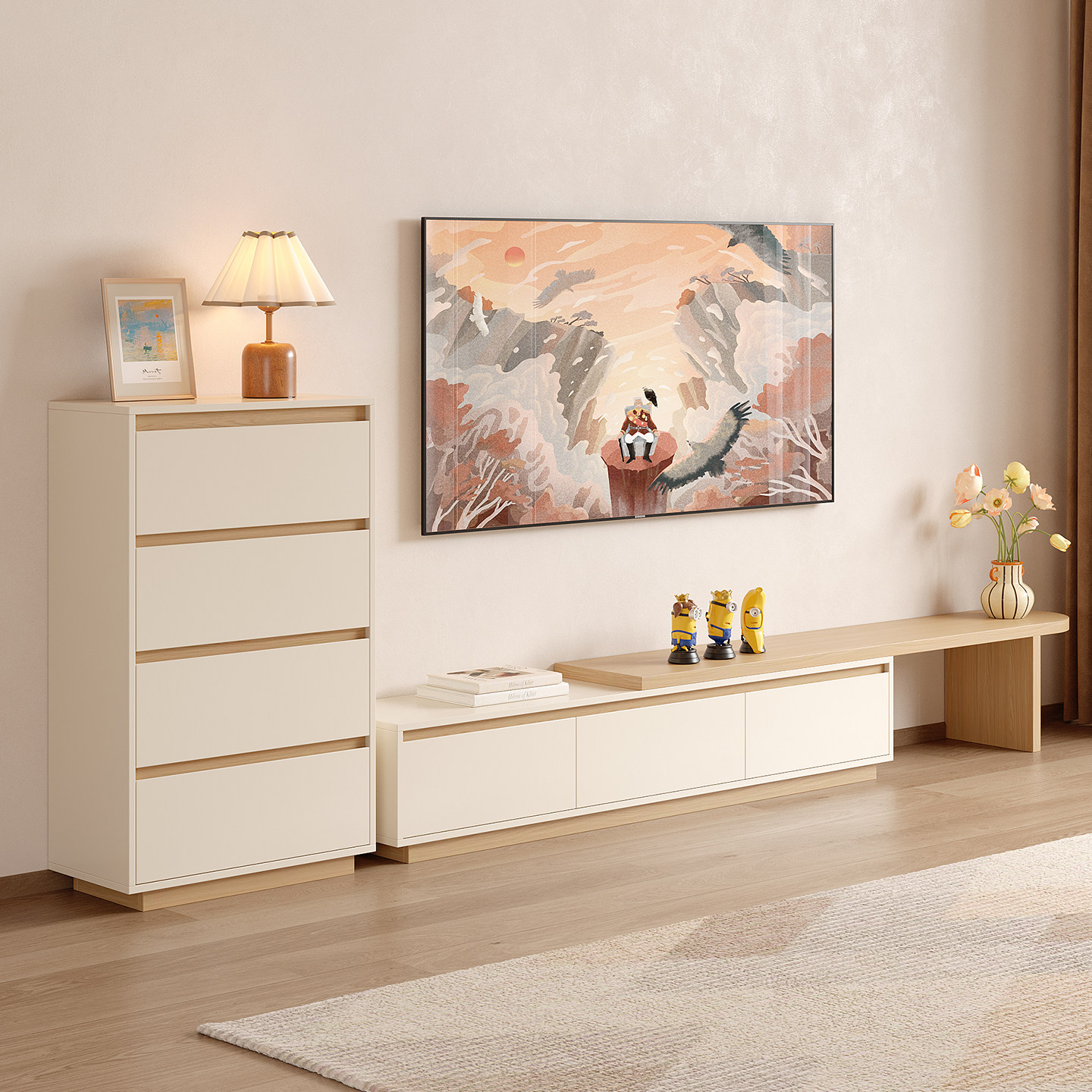 原木奶油风伸缩电视柜地台客厅收纳斗柜储物展示柜小户型多功能柜,住宅家具,电视柜,淘宝优惠券,粉丝福利购,淘宝优惠卷