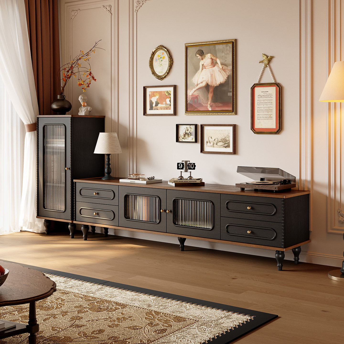 中古风法式客厅实木电视柜复古小户型高脚收纳储物柜一体家用斗柜,住宅家具,电视柜,淘宝优惠券,粉丝福利购,淘宝优惠卷