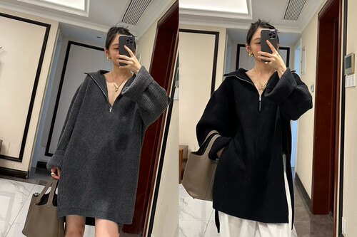 简约风宽松开衩拉链羊毛针织毛衣