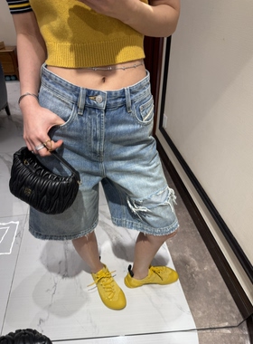 chao 有型 设计感假破洞烂边设计 中腰 慵懒牛仔浅蓝色中裤