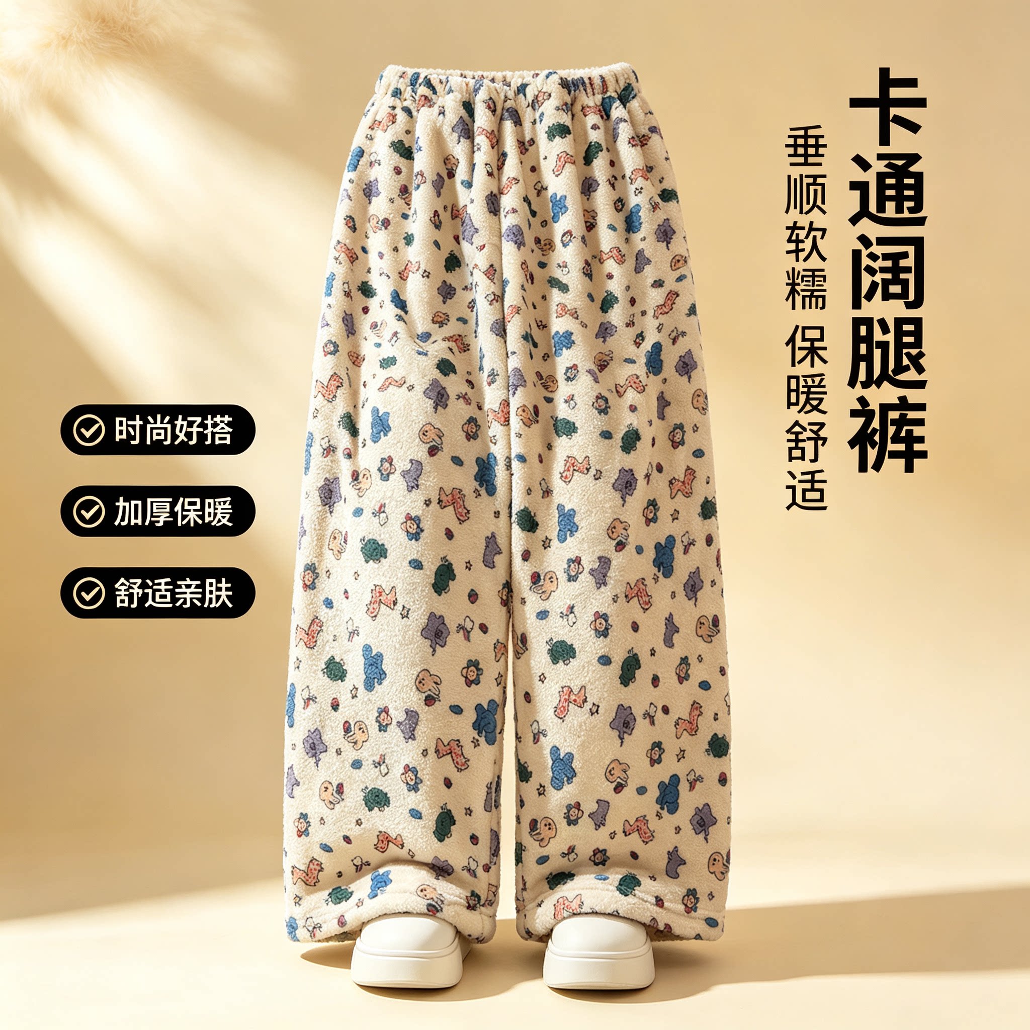 高个子加长珊瑚绒长睡裤女冬季加厚阔腿裤卡通居家裤外穿保暖毛绒图片