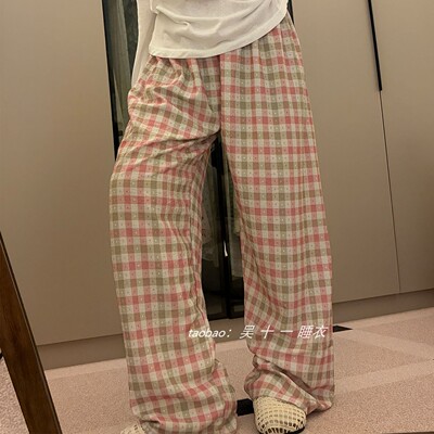 夏季新款高个子加长版慵懒风暖格子阔腿睡裤女夏季宽松垂感家居裤