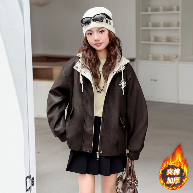 女童皮夹克外套夹棉加厚冬装洋气