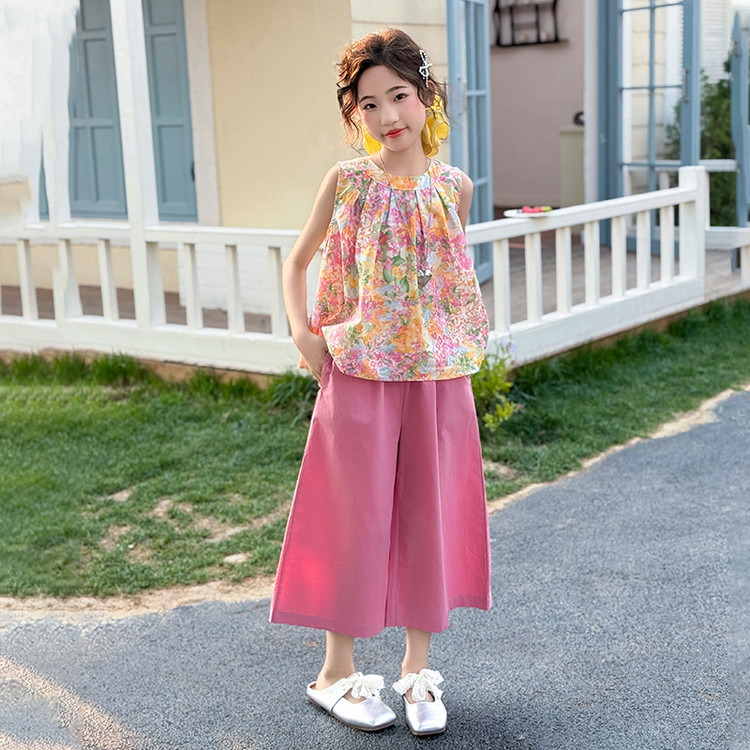 女童夏季套装无袖纯棉碎花甜美夏天女孩衣服2025新款中大童洋气薄