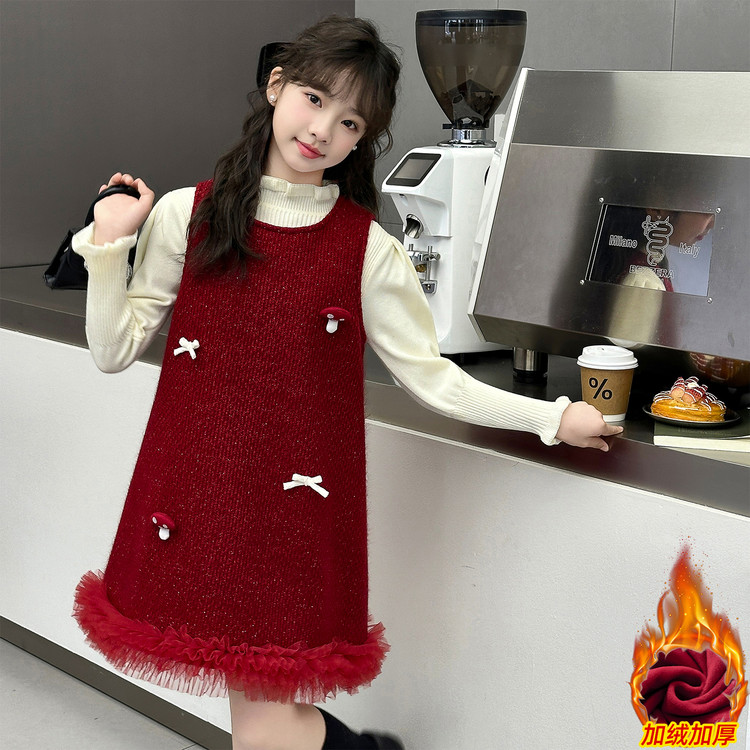 女童年服套装背心裙冬款红色裙子