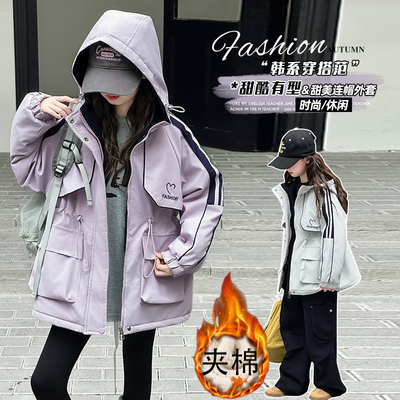 女童冲锋衣外套薄棉衣夹棉加厚潮
