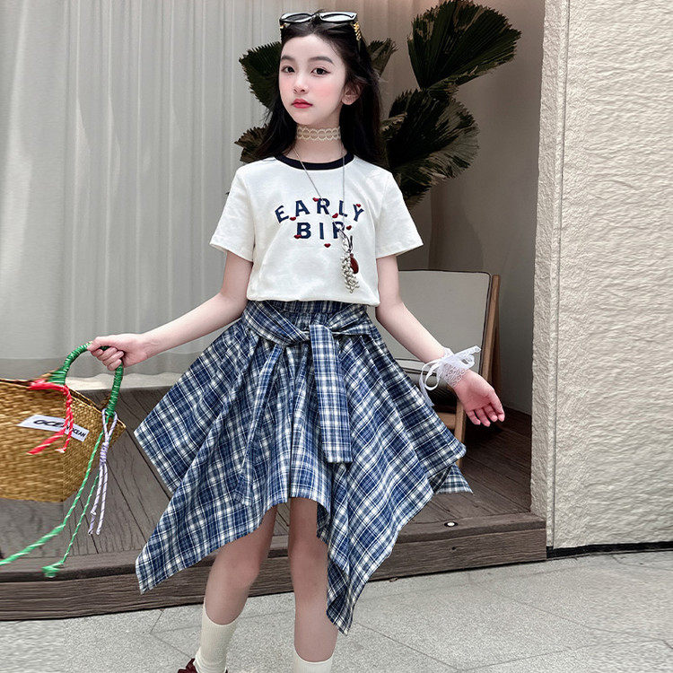 女童夏季短袖套装半身裙不规则裙子洋气时尚2026新款八爪裙两件套