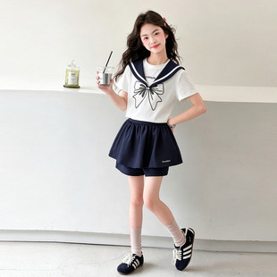 女童夏装学院风海军领两件套2026新款儿童夏季套装裙裤短裤中大童