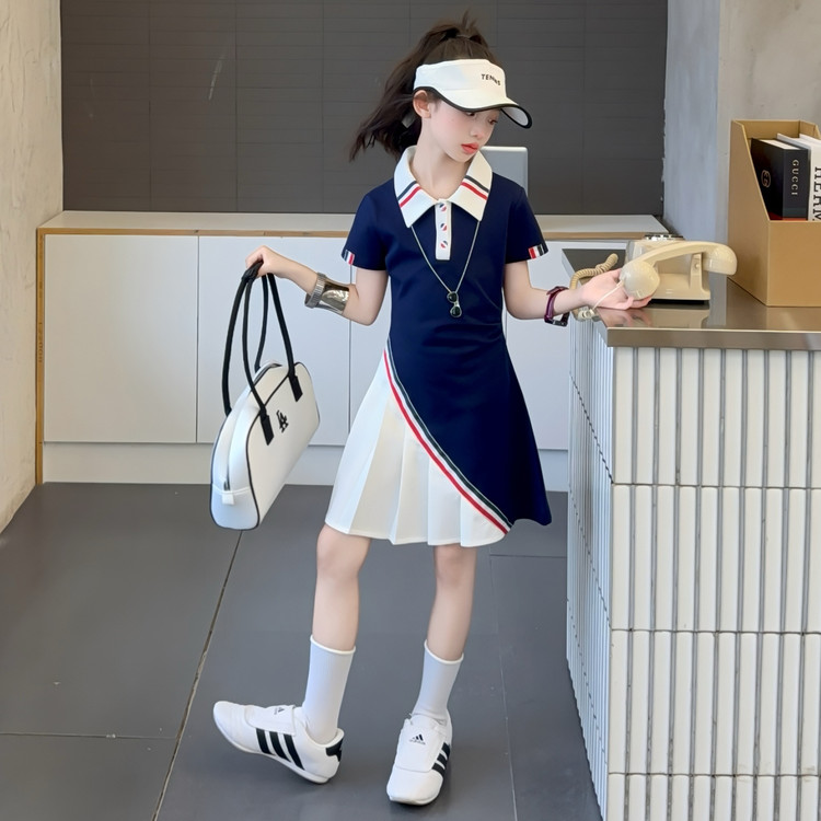女童夏季短袖连衣裙拼接洋气时尚2025新款POLOI领裙夏装中大童潮