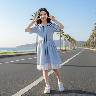女童夏季 娃娃领棉布裙2026新款 韩版 学院风中大童公主裙 连衣裙短袖