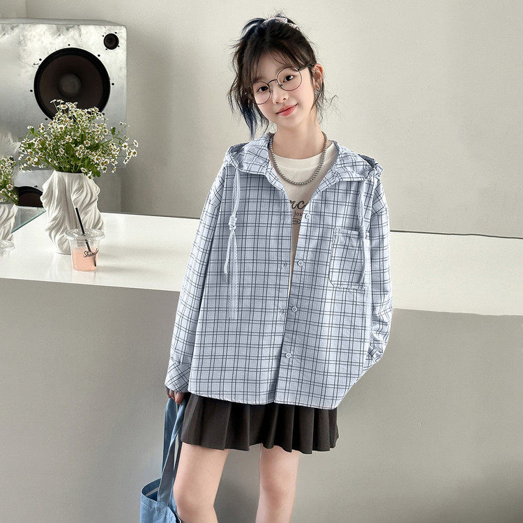 女童格子衬衫休闲外套春秋款长袖连帽开衫2026新款中大童上衣洋气
