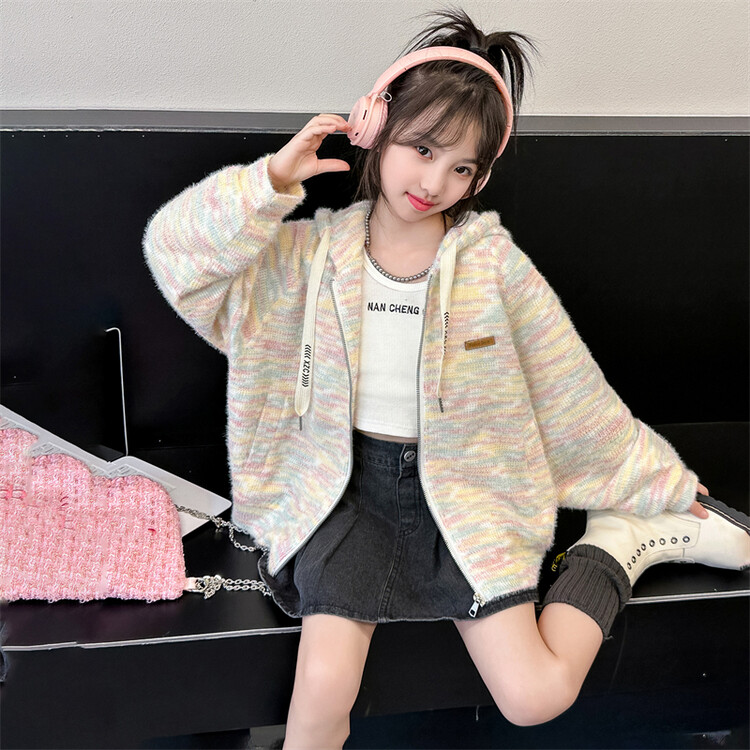 女童毛衣外套加绒加厚秋冬款中大童连帽休闲毛线衣开衫中大童洋气