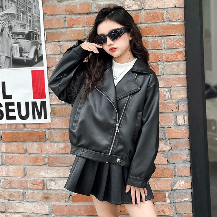 女童皮衣外套春秋款中大童皮夹克