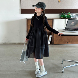 女童长袖连衣裙纱裙春秋款黑色打底衫裙2025新款韩版中大童公主裙