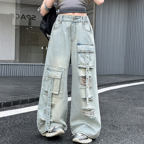 女童牛仔阔腿裤破洞洋气时尚潮酷