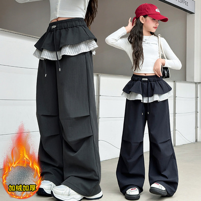 女童加绒屁帘工装裤休闲宽松冬装