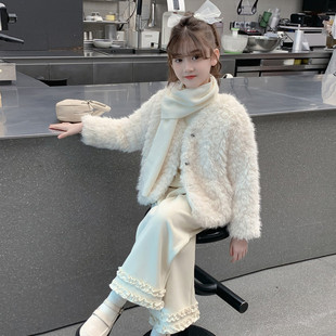 女童毛毛衣外套皮毛一体加厚冬装2025新款中大童套装洋气时髦白色