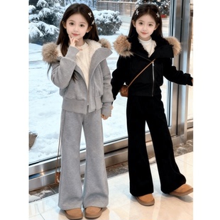 女童加绒套装冬季加厚卫衣大毛领洋气时尚韩版2025新款修身中大童