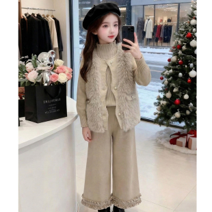 女童秋冬仿皮草马甲三件套洋气时髦甜美加绒阔腿裤加厚套装中大童