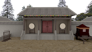 古代府邸上瓦房鼓轿子官府府衙门口高清LED大屏幕舞台背景虚拟图