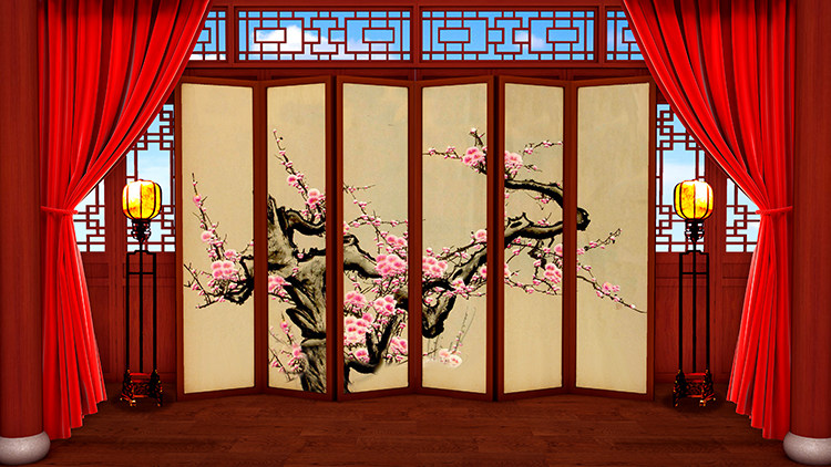 戏曲屏风中式中国风古典屏风幕布帘子宫灯梅花高清led大屏幕图片