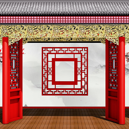 戏曲古风梅花屏风金色屋檐灰色琉璃瓦瓦片房高清led大屏幕图片