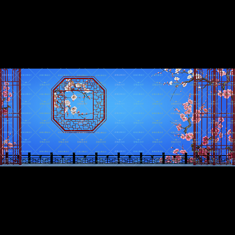 古典中式蓝色桃花屏风古窗格高清LED大屏幕舞台背景虚拟静态图片