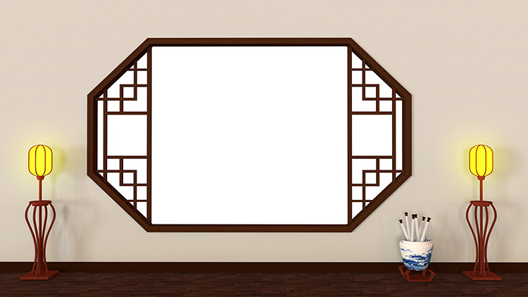 古代窗户窗格灯笼画卷轴室内高清led大屏幕舞台背景虚拟静态图片