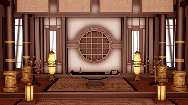 古代古典宫殿屏风竹帘古灯古桌子王侯大厅大堂高清led大屏幕图片
