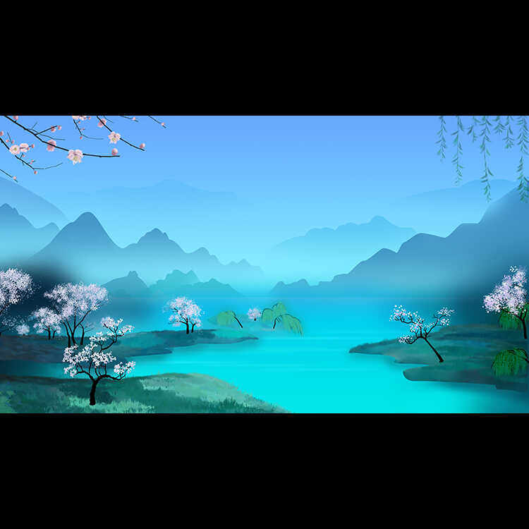 唯美山水梦幻桃花河水柳树远山风景小清新绿色插画手绘原画高清图