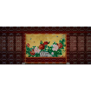 木质建筑高清LED大屏幕舞台背景虚拟静态图 古代屏风牡丹国画中式