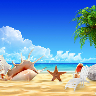 高清LED大屏幕背景大海蓝天白云沙滩海螺沙滩椅啥子树海边图片
