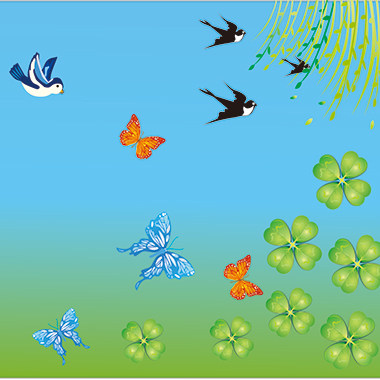 高清矢量背景50cm*25cm宽屏春季四叶草蝴蝶小鸟燕子柳条cdr素材