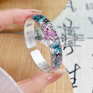 航达银匠 十二花神足银999实心开口泥鳅背纯银手镯女珐琅彩国风镯