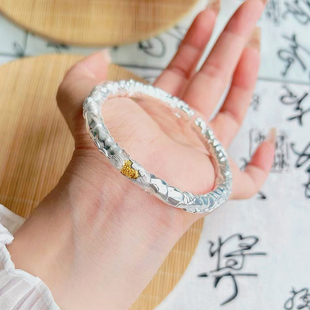 航达银匠 足银999实心开口手工银手镯描金牡丹花银镯子女款银手环