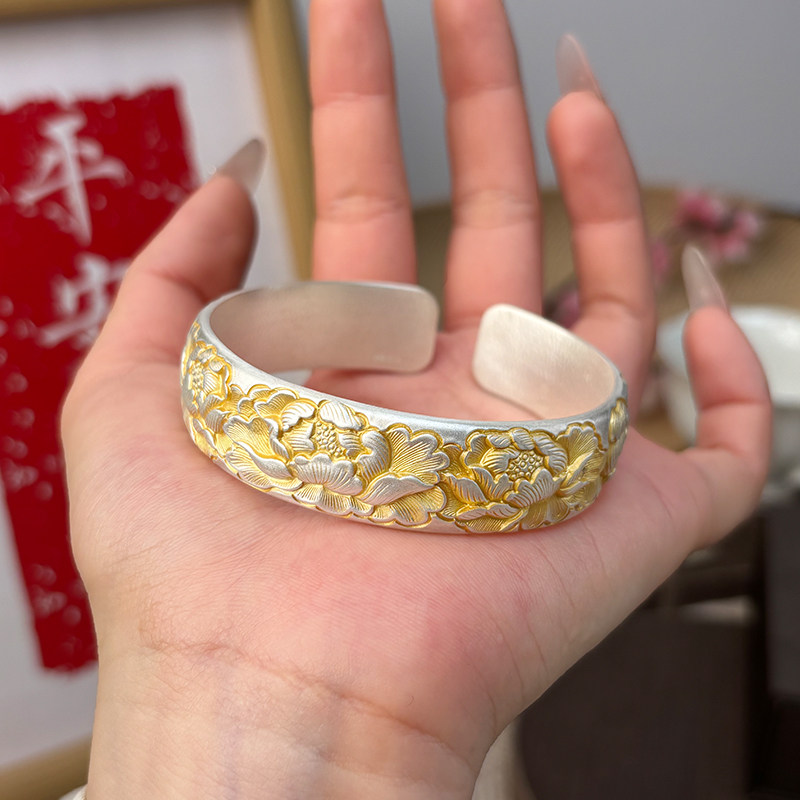 航达银匠 描金牡丹花宽版银镯子手工足银999实心开口妈妈款银手镯