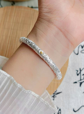 足银9999牡丹花手镯女