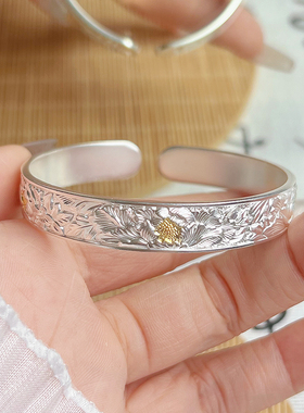 航达银匠牡丹花足银999实心手镯