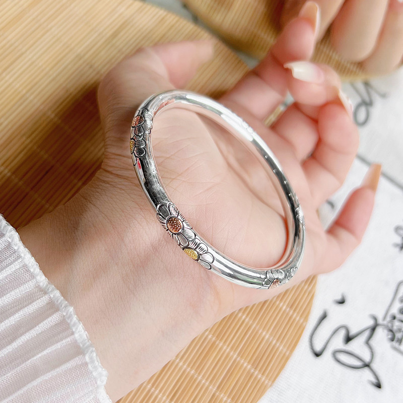 航达银匠 足银999实心手工镶金小雏菊银手镯女款亮面闭口银镯手环,饰品/流行首饰/时尚饰品新,手镯,淘宝优惠券,粉丝福利购,淘宝优惠卷