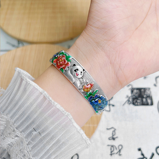 航达银匠 熊猫牡丹足银999实心开口吉言珐琅彩银手镯国风纯银镯子