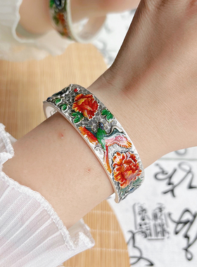 航达银匠喜鹊牡丹足银999手镯