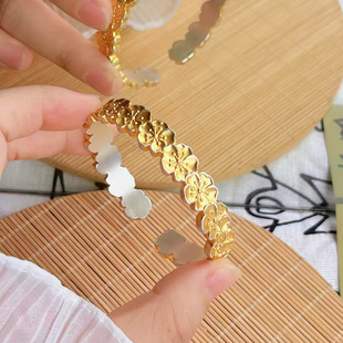 航达银匠 足银999实心开口桃花银手镯描金款银镯子女款纯银手环