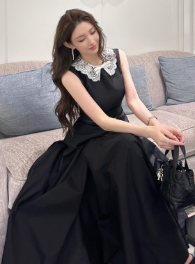 法式赫本风蕾丝娃娃领无袖连衣裙高级感气质收腰显瘦黑色大摆长裙