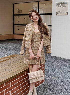 粗花呢小香风长袖外套背心连衣裙