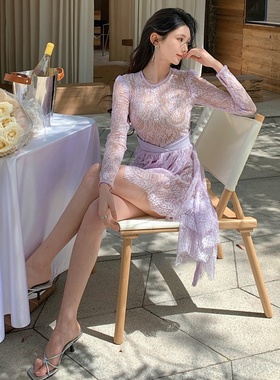 明星同款丁香紫色蕾丝性感透视长袖圆领连衣裙子不规则裙摆小礼服