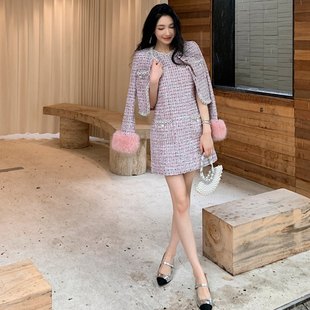 女 设计感连衣裙两件套装 法式 高级名媛风粉色粗花呢小香风外套无袖