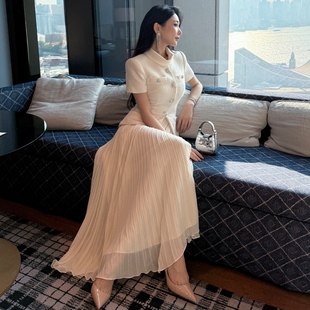 晚礼服 漂亮好看米白色连衣裙毛呢拼接假两件长裙修身 秋冬新品 女装
