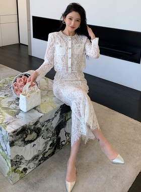 白色蕾丝性感透视开衫上衣鱼尾半身长裙高级感法式小香风仙气套装